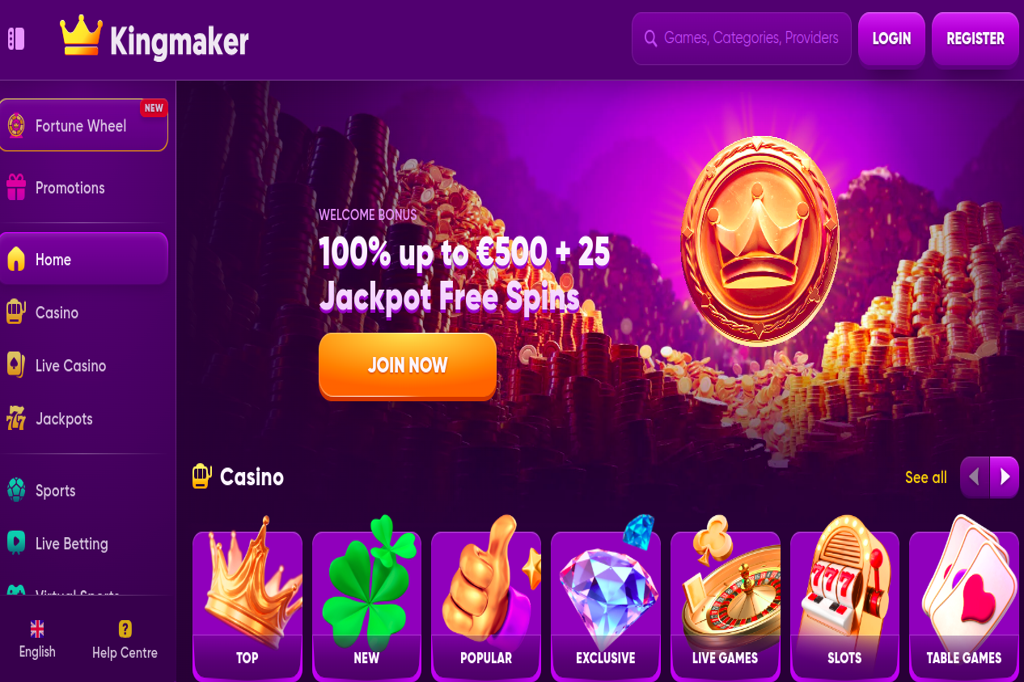 Lobby of Kingmaker Casino displaying the welcome bonus