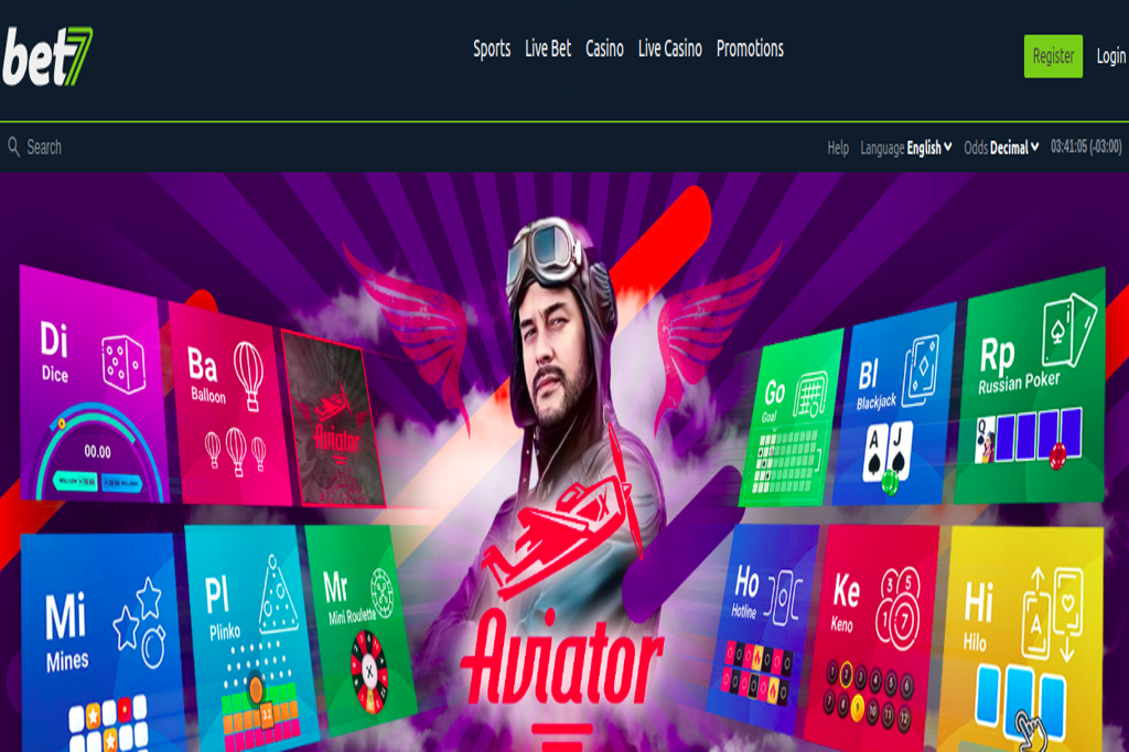 Bet7 Casino website homepage featuring Aviator game and various casino options