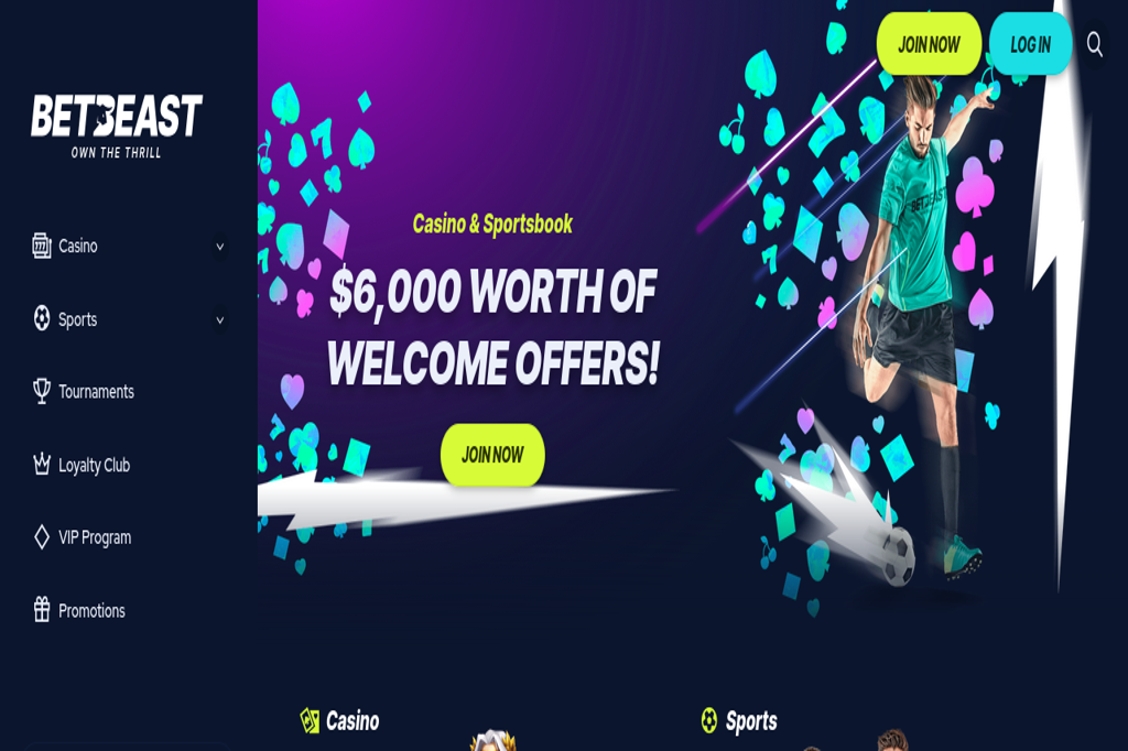 BETBEAST promotional banner featuring a soccer player in action with colorful geometric shapes. The left side displays a navigation menu with categories like Casino, Sports, Tournaments, Loyalty Club, VIP Program, and Promotions. The center highlights a $6,000 welcome offer with a 'Join Now' button.