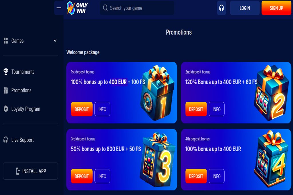 OnlyWin online casino promotions page featuring a welcome package with bonuses for the first four deposits, displayed in colorful boxes with options to deposit or get more information.