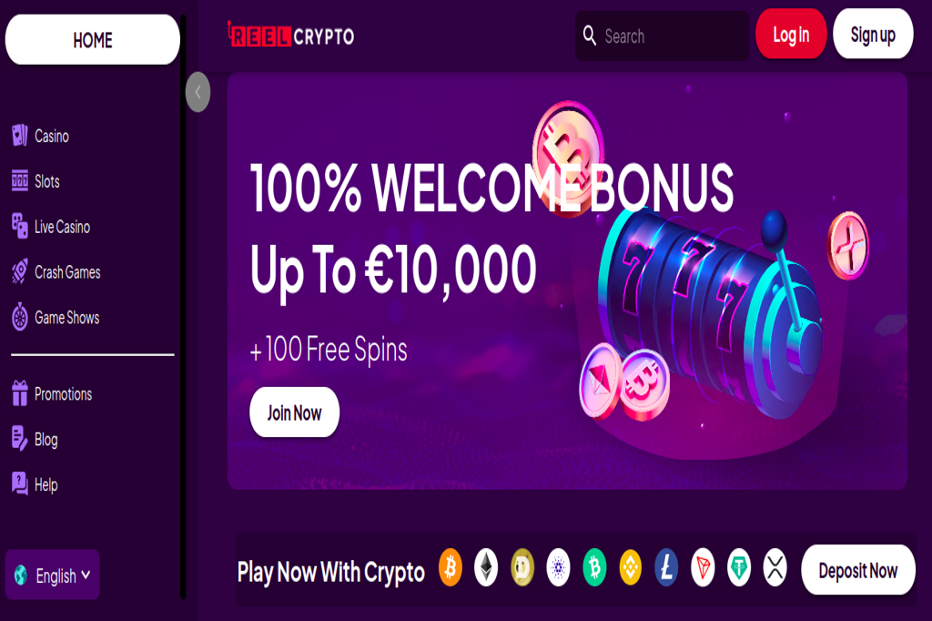 Reel Crypto online casino webpage featuring a 100% Welcome Bonus up to €10,000 with 100 free spins. The design includes icons for various cryptocurrencies, navigation options for casino games, and buttons for logging in and signing up.